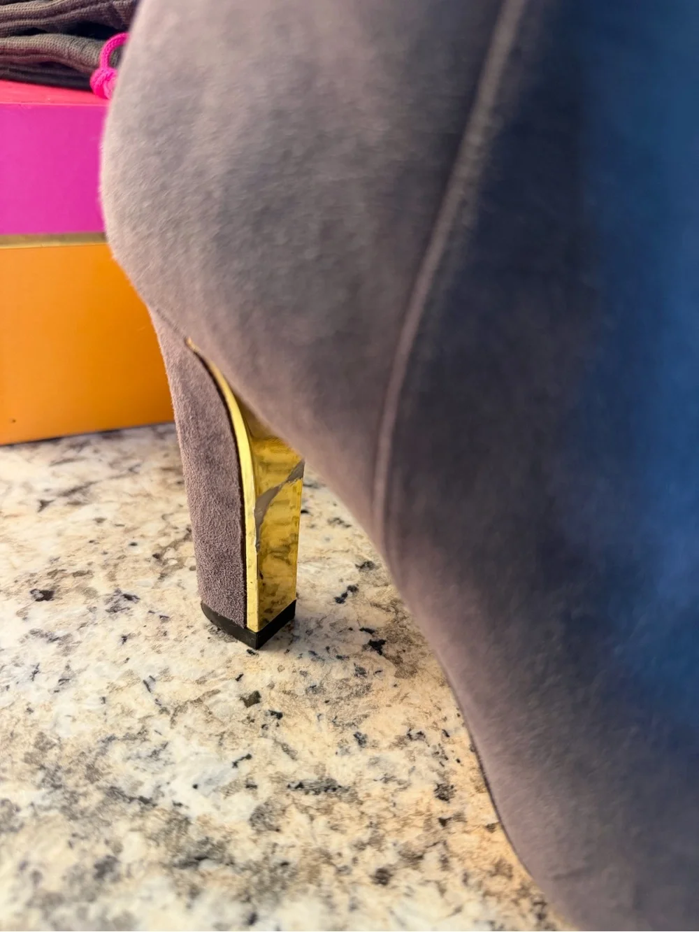 kate spade Gray Suede Pointed Toe Ankle Booties Gold Bow Accent Box Dust Bag